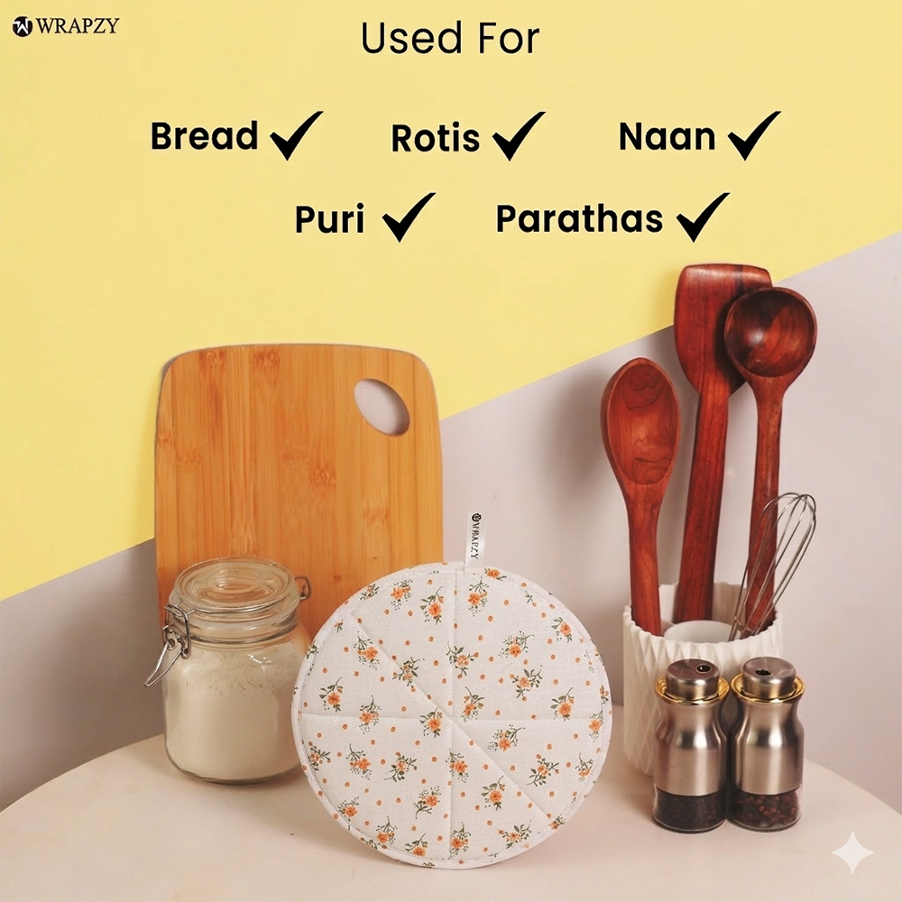 WRAPZY Cotton Roti Cover with Zip | Round Roti Cloth for Keeping Rotis Soft & Fresh | Used for Roti, Paratha, Puri, Naan & Bread | Washable & Reusable | 3 Colour Variants (ORANGE, PACK OF:4)