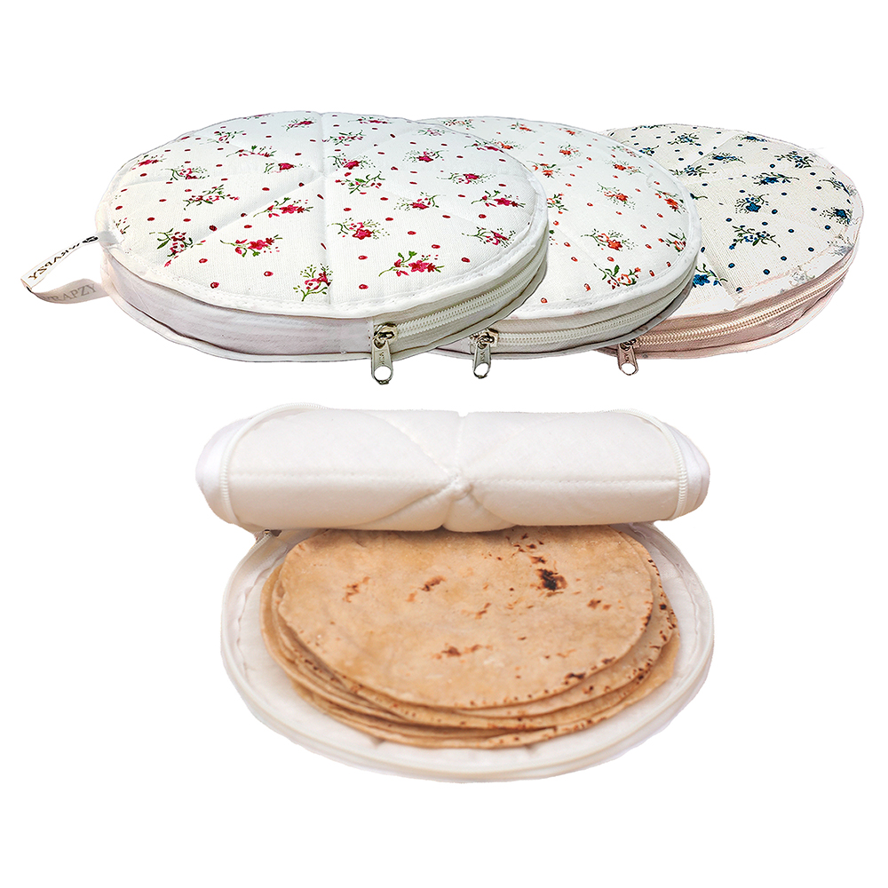 WRAPZY Cotton Roti Cover with Zip | Round Roti Cloth for Keeping Rotis Soft & Fresh | Used for Roti, Paratha, Puri, Naan & Bread | Washable & Reusable | 3 Colour Variants (PINK, PACK OF:4)