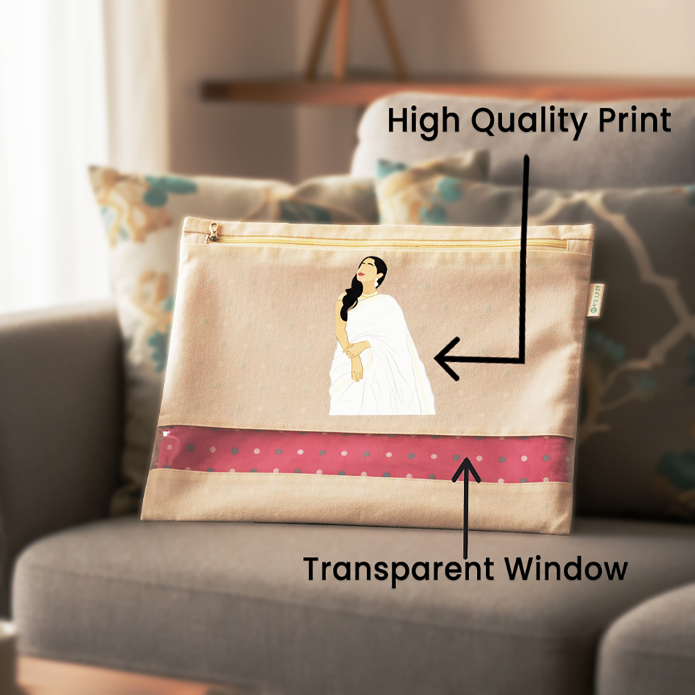 Wrapzy Pure Cotton Printed Saree Cover for Storage | Pack of 4 | Large 16 x 14 Inch Saree Bags with Zip & Transparent Mesh Window | Reusable Wardrobe Organizer for Sarees & Clothes (PRINT2, O