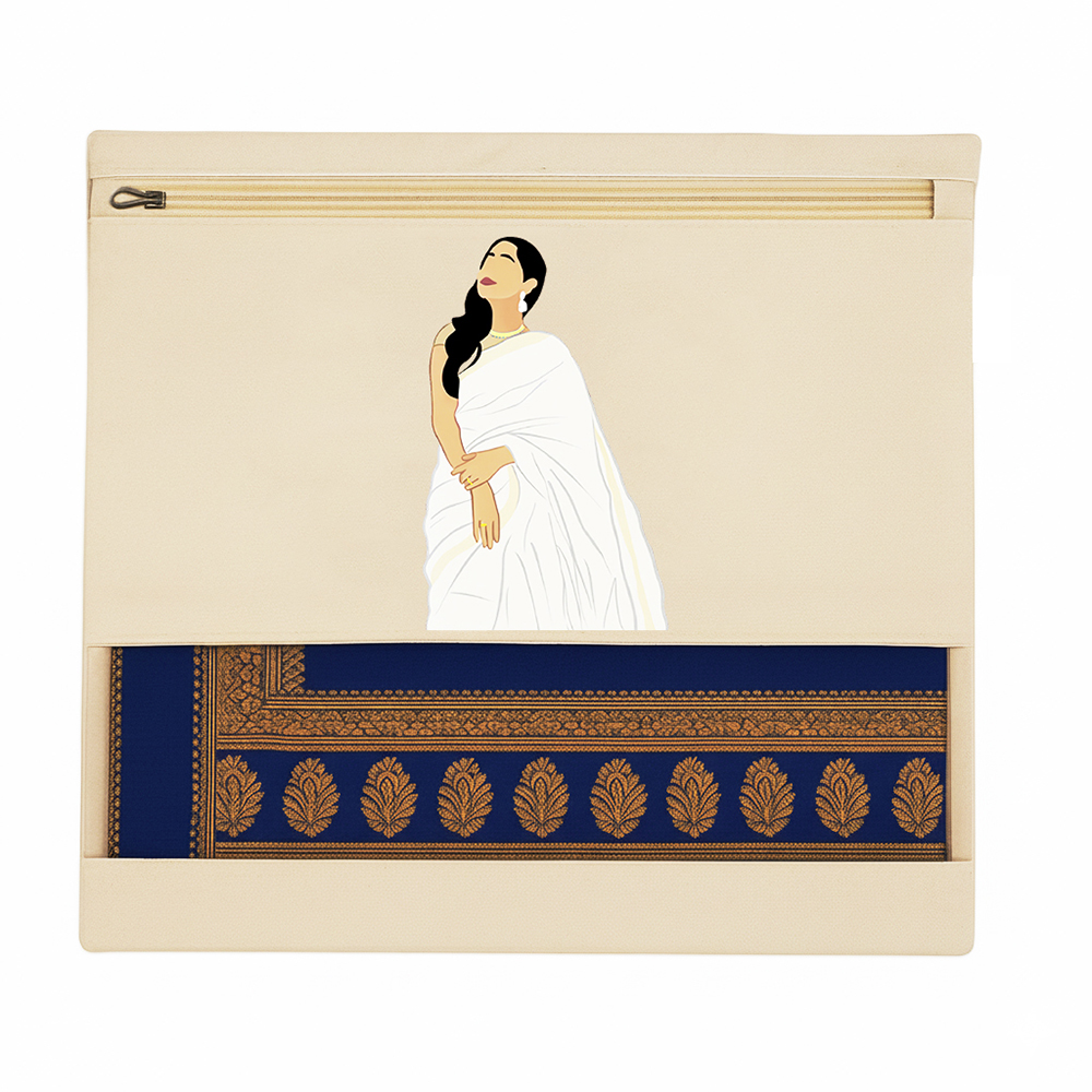 Wrapzy Pure Cotton Printed Saree Cover for Storage | Pack of 4 | Large 16 x 14 Inch Saree Bags with Zip & Transparent Mesh Window | Reusable Wardrobe Organizer for Sarees & Clothes (PRINT2, O