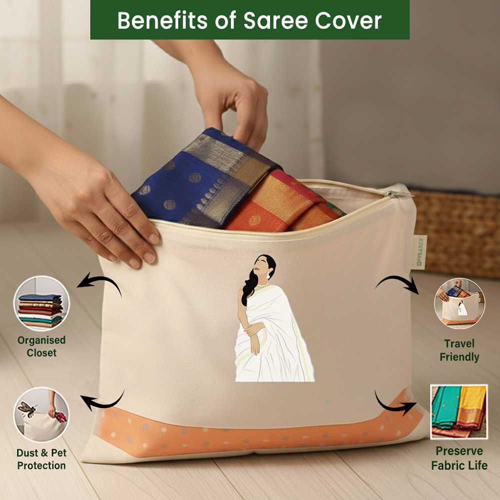 Wrapzy Pure Cotton Printed Saree Cover for Storage | Pack of 4 | Large 16 x 14 Inch Saree Bags with Zip & Transparent Mesh Window | Reusable Wardrobe Organizer for Sarees & Clothes (PRINT2, O