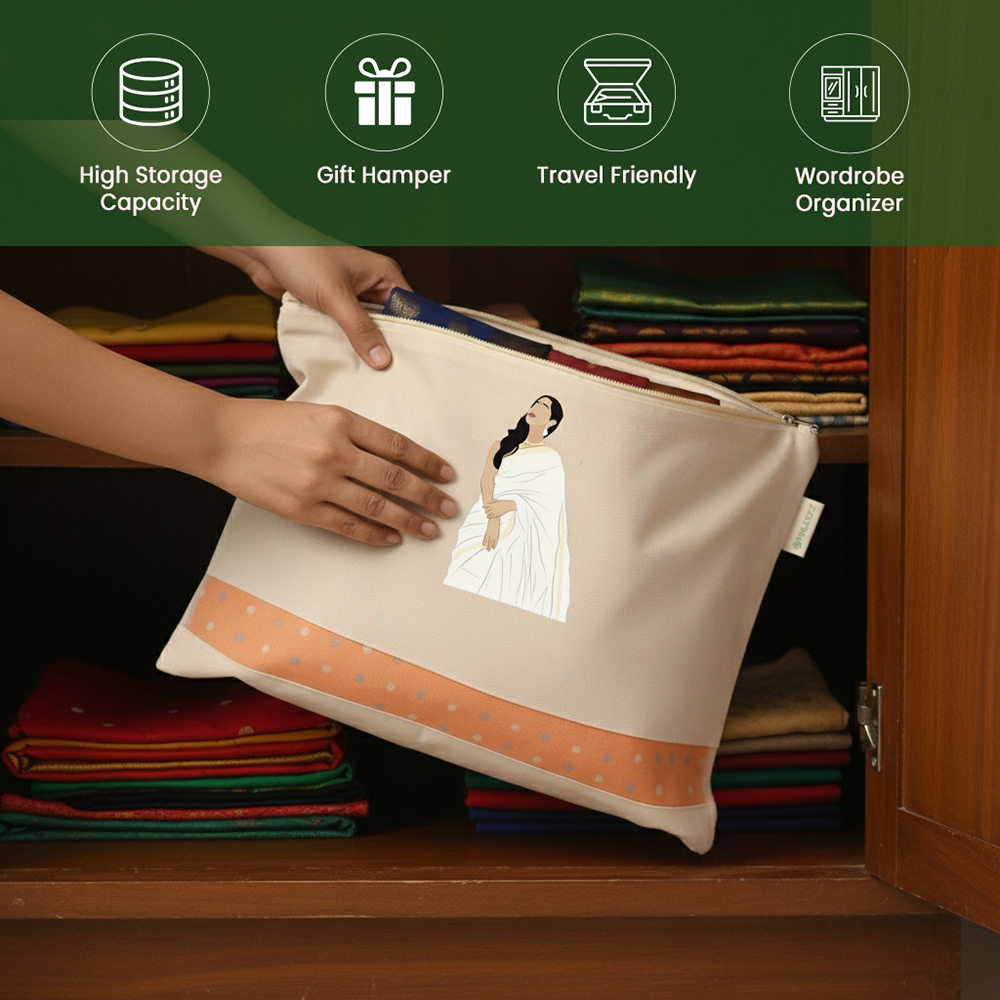 Wrapzy Pure Cotton Printed Saree Cover for Storage | Pack of 4 | Large 16 x 14 Inch Saree Bags with Zip & Transparent Mesh Window | Reusable Wardrobe Organizer for Sarees & Clothes (PRINT2, O