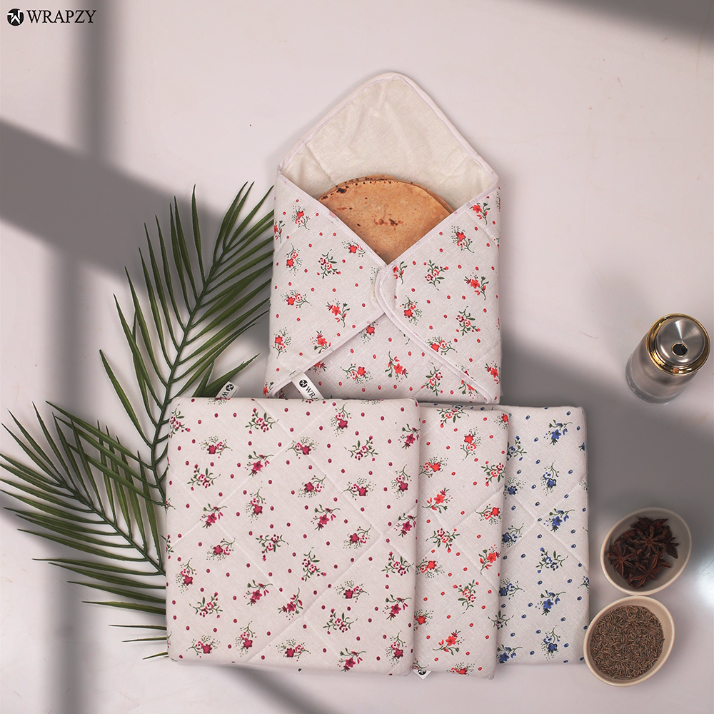 WRAPZY Double Layer Pure Cotton Roti Cover with 4 Flaps | Pack of 4 | Chapati & Paratha Cloth for Hot Case | Breathable Kitchen Roti Wrap for Fresh & Soft Rotis