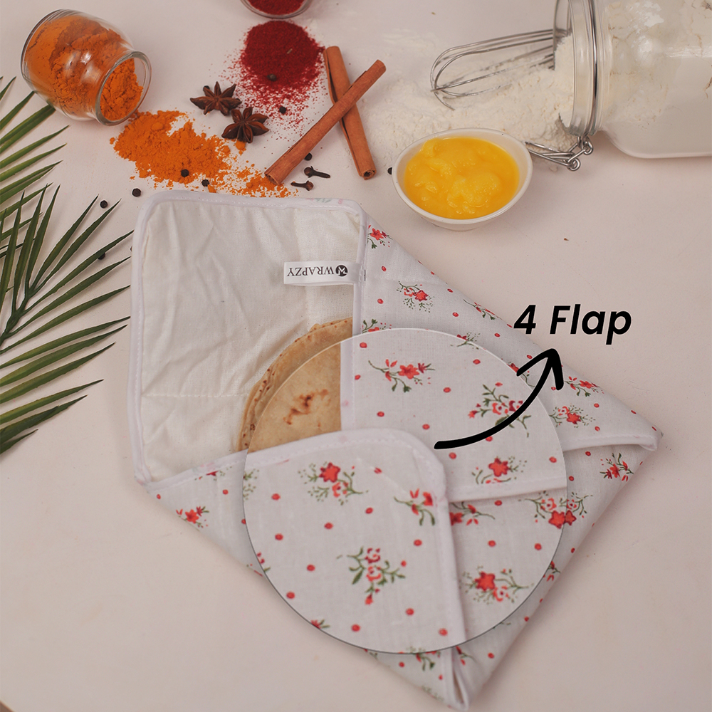 WRAPZY Double Layer Pure Cotton Roti Cover with 4 Flaps | Pack of 4 | Chapati & Paratha Cloth for Hot Case | Breathable Kitchen Roti Wrap for Fresh & Soft Rotis