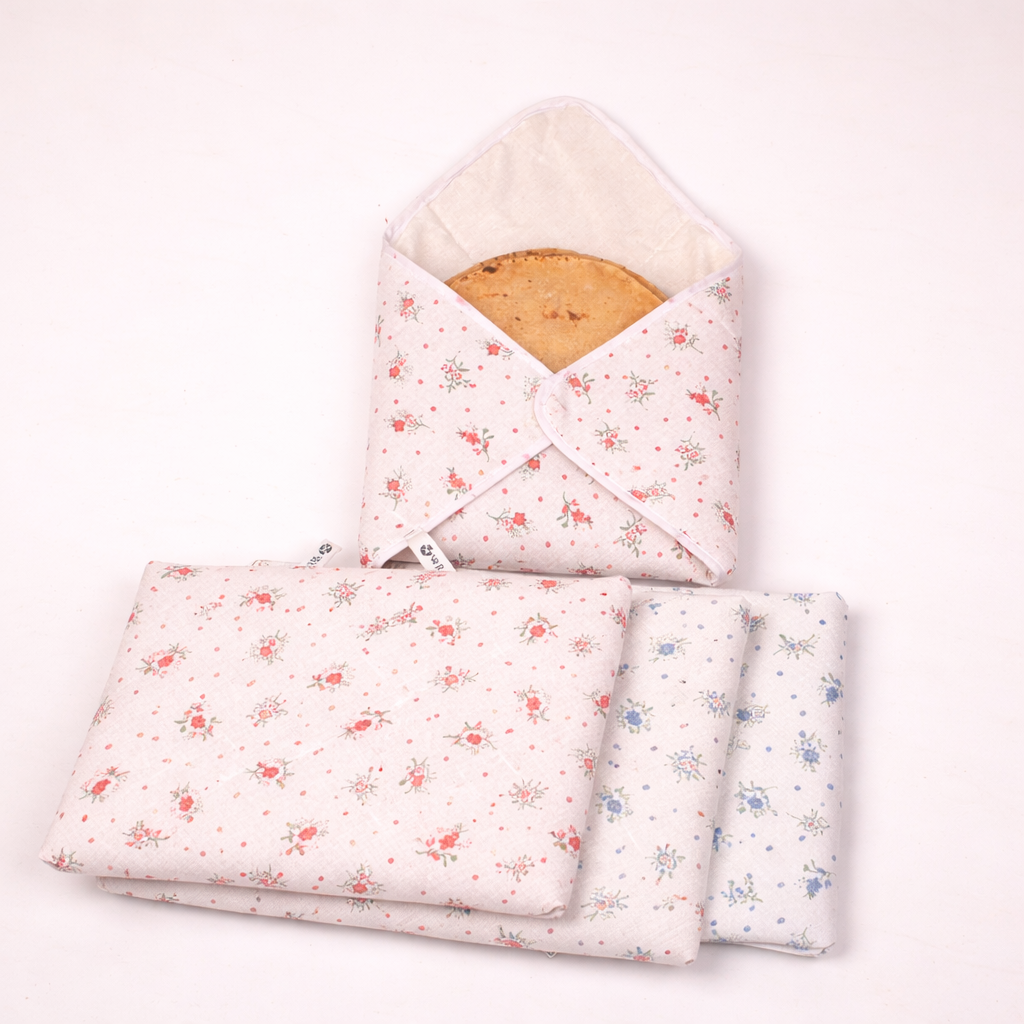 WRAPZY Double Layer Pure Cotton Roti Cover with 4 Flaps | Pack of 4 | Chapati & Paratha Cloth for Hot Case | Breathable Kitchen Roti Wrap for Fresh & Soft Rotis
