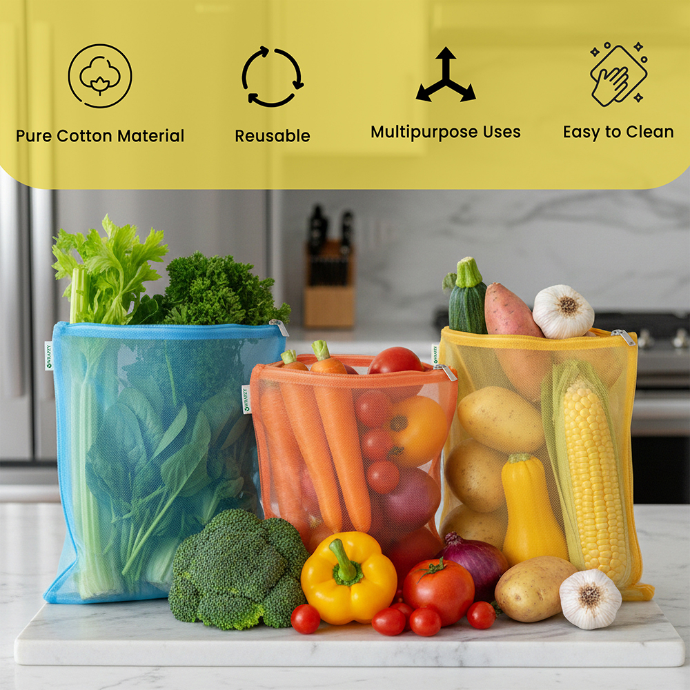 WRAPZY Reusable Nylon Net Vegetable Bags for Fridge | Washable Mesh Storage Bags for Fruits & Vegetables | Breathable Fridge Organizer Bags for Kitchen & Grocery Use | Pack of 12