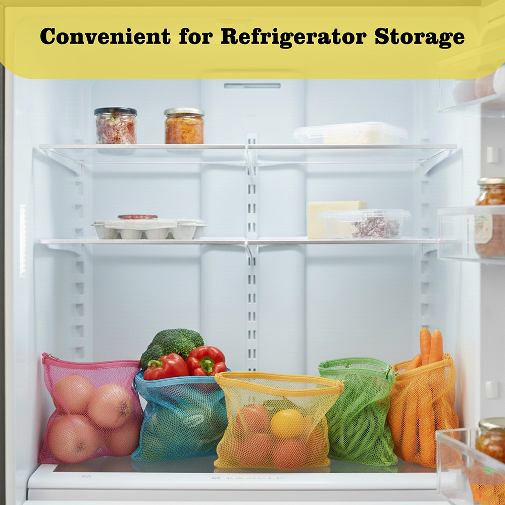 WRAPZY Reusable Nylon Net Vegetable Bags for Fridge | Washable Mesh Storage Bags for Fruits & Vegetables | Breathable Fridge Organizer Bags for Kitchen & Grocery Use | Pack of 12