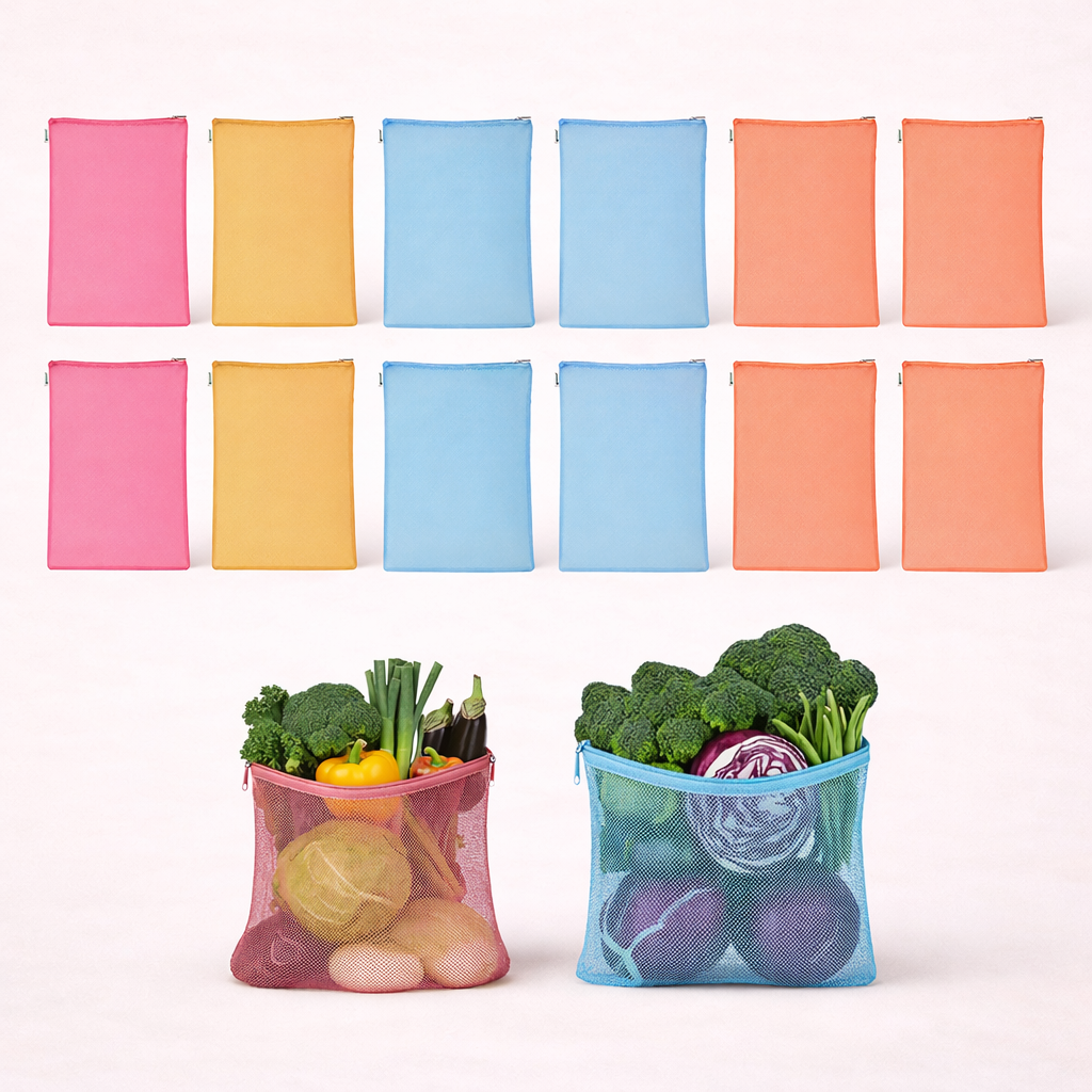 WRAPZY Reusable Nylon Net Vegetable Bags for Fridge | Washable Mesh Storage Bags for Fruits & Vegetables | Breathable Fridge Organizer Bags for Kitchen & Grocery Use | Pack of 12