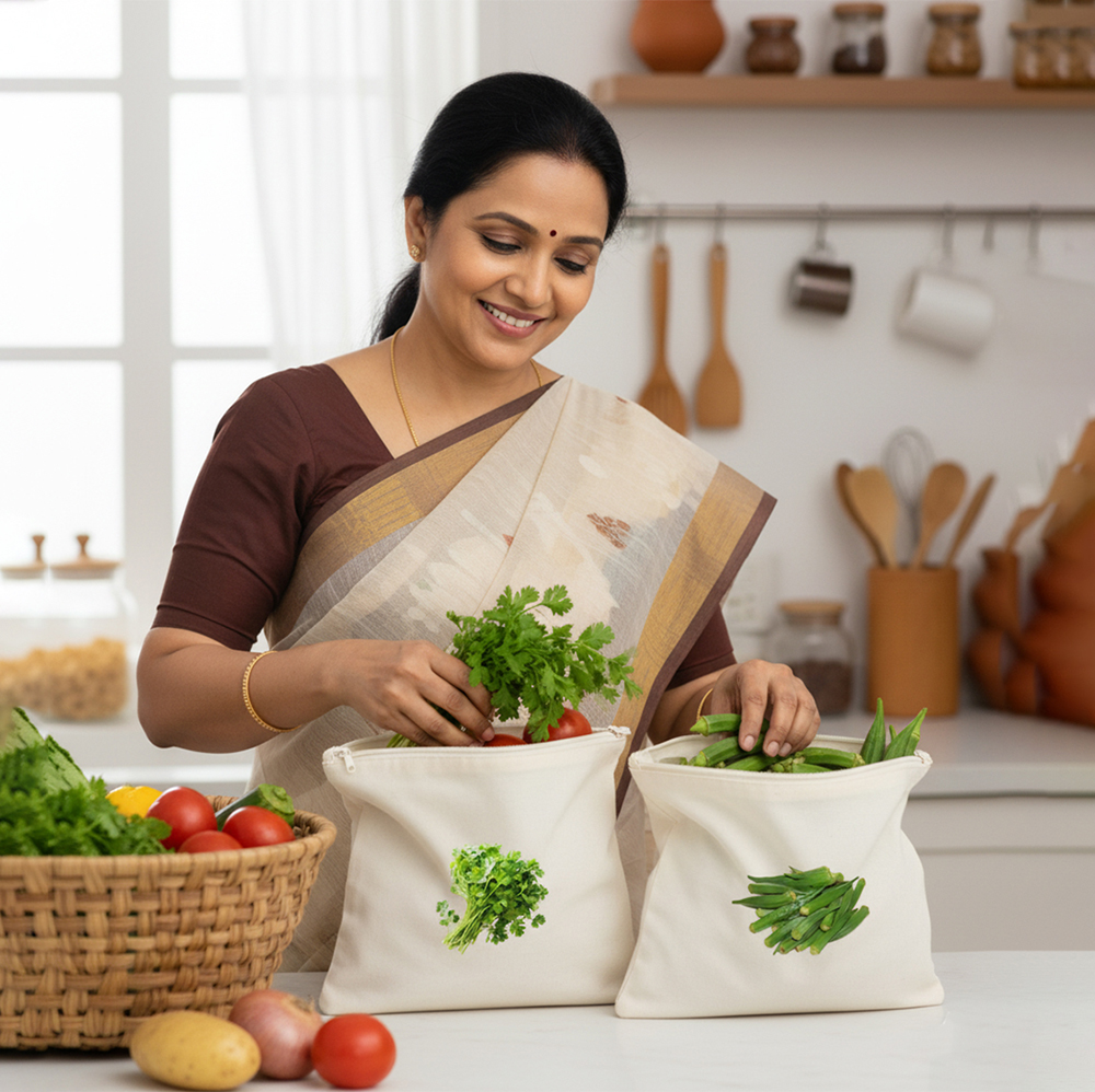 Wrapzy 100% Cotton Reusable Vegetable Bags for Fridge | Eco-Friendly Storage Bags | Washable Breathable Cloth Bags for Vegetables | Plastic-Free Kitchen Organizer | Pack of 10