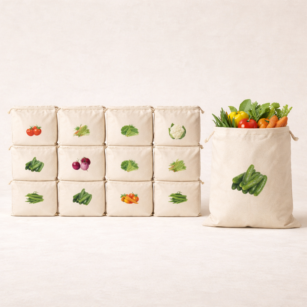 Wrapzy 100% Cotton Reusable Vegetable Bags for Fridge | Eco-Friendly Storage Bags | Washable Breathable Cloth Bags for Vegetables | Plastic-Free Kitchen Organizer | Pack of 10