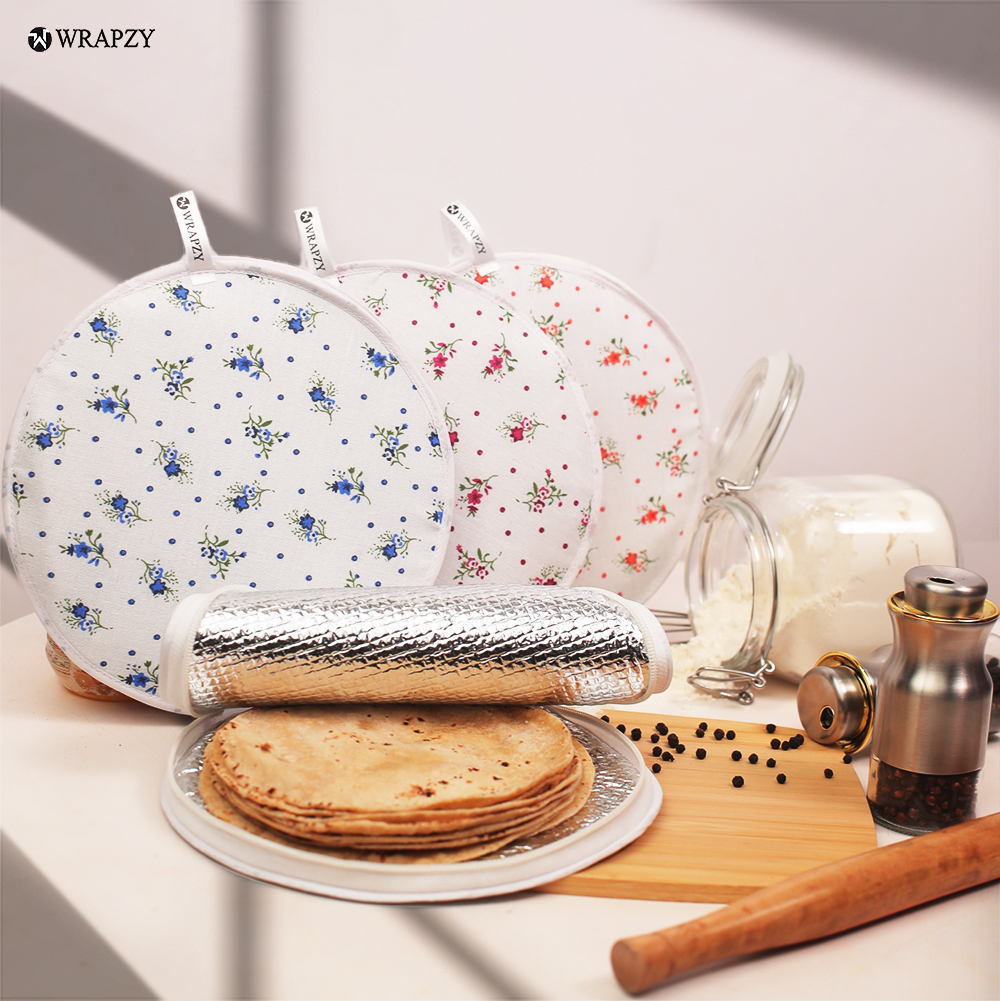 Wrapzy Insulated Roti Cover with Zip ? Premium Chapati Cloth Bag for Hot Fresh Roti | Roti Insulation Bag | Chapati Cover Cloth for Casserole | Roti Pouch for Kitchen (Pack of 2)