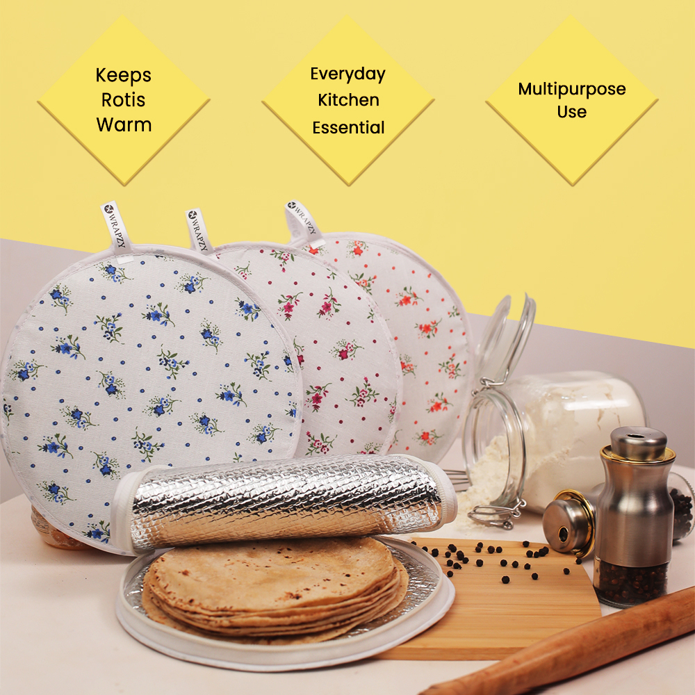 Wrapzy Insulated Roti Cover with Zip ? Premium Chapati Cloth Bag for Hot Fresh Roti | Roti Insulation Bag | Chapati Cover Cloth for Casserole | Roti Pouch for Kitchen (Pack of 2)