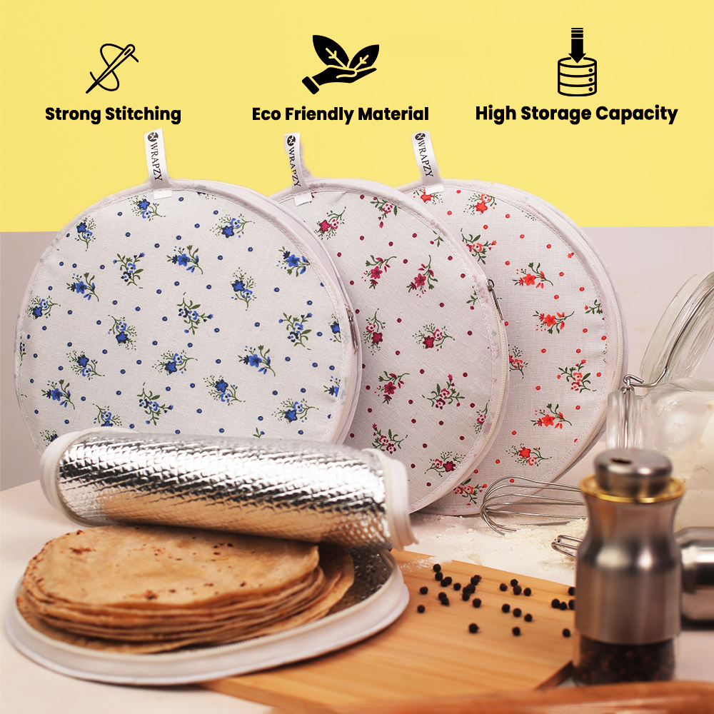 Wrapzy Insulated Roti Cover with Zip ? Premium Chapati Cloth Bag for Hot Fresh Roti | Roti Insulation Bag | Chapati Cover Cloth for Casserole | Roti Pouch for Kitchen (Pack of 2)