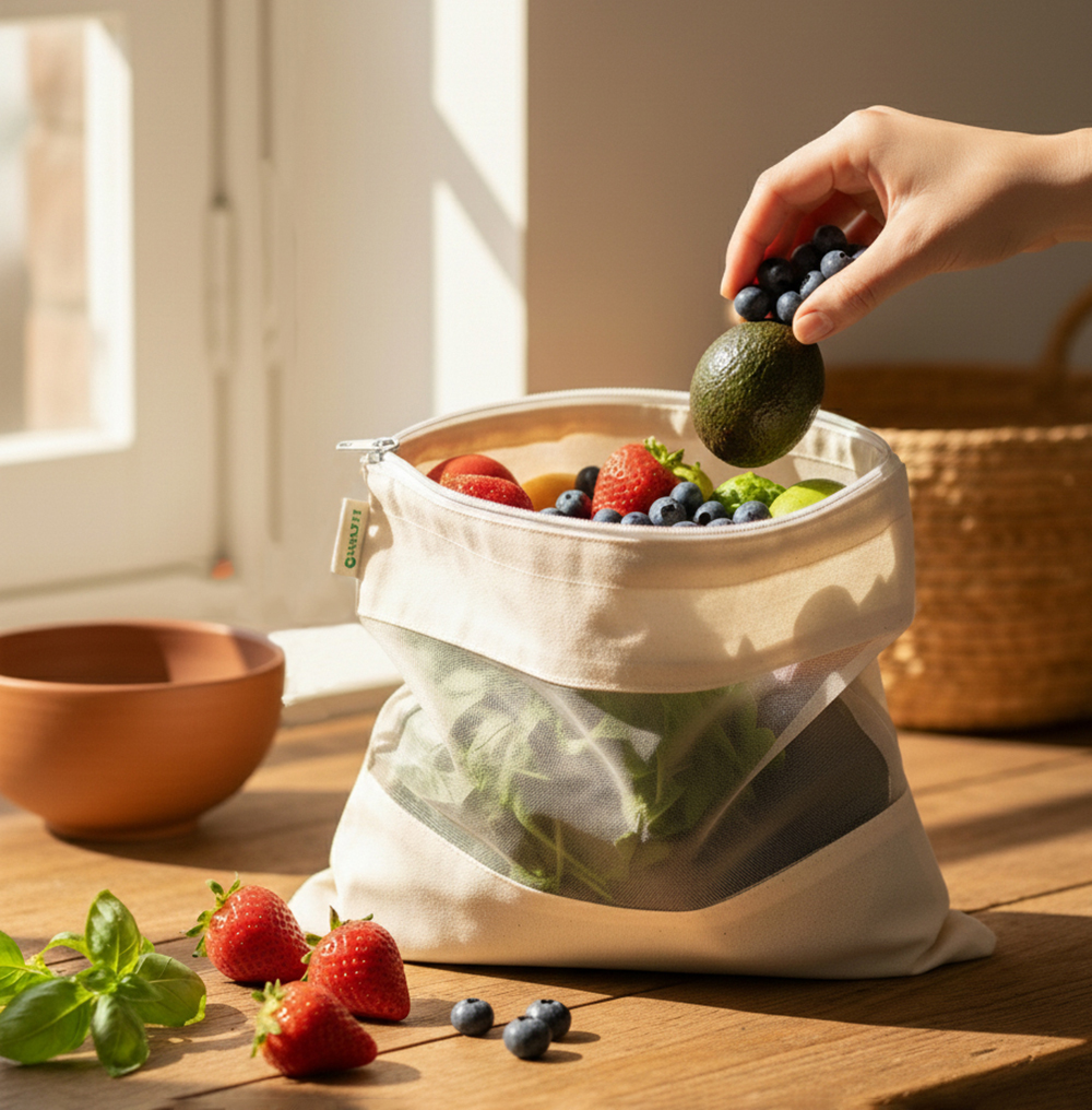 Wrapzy - Cotton Net Bag with Zip - Reusable Fridge Storage Zipper Bags For Fruits And Vegetables - Multipurpose Kitchen Storage Bags Organizer with Sturdy Zipper (Pack of 8)