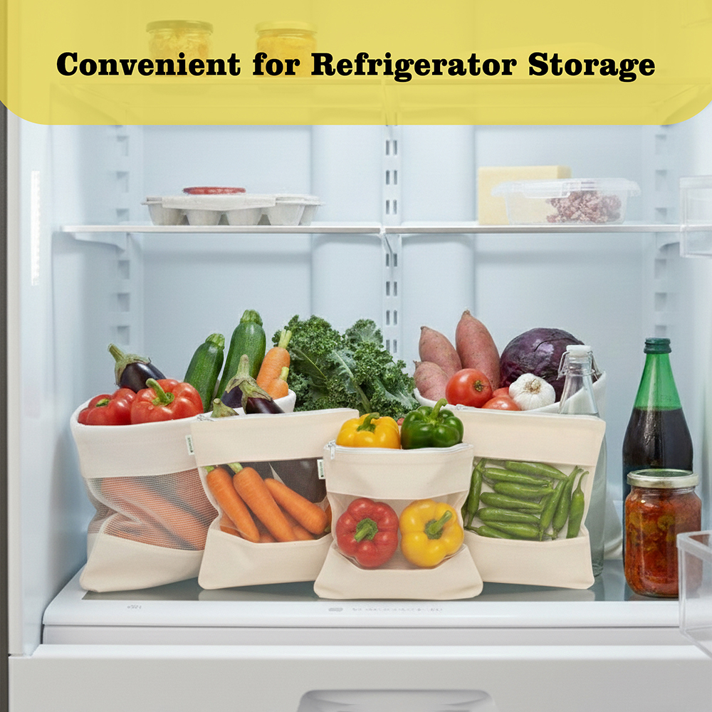 Wrapzy - Cotton Net Bag with Zip - Reusable Fridge Storage Zipper Bags For Fruits And Vegetables - Multipurpose Kitchen Storage Bags Organizer with Sturdy Zipper (Pack of 8)