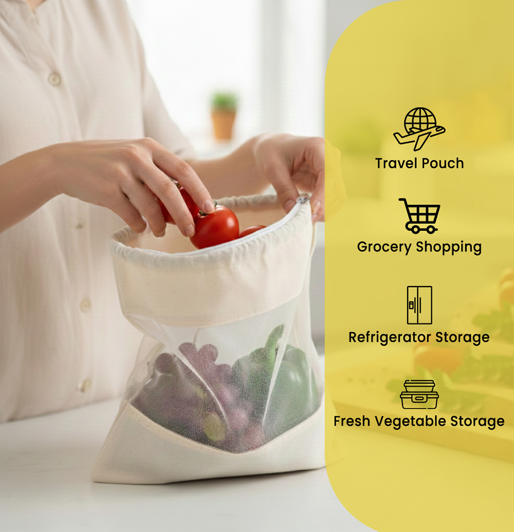 Wrapzy - Cotton Net Bag with Zip - Reusable Fridge Storage Zipper Bags For Fruits And Vegetables - Multipurpose Kitchen Storage Bags Organizer with Sturdy Zipper (Pack of 8)