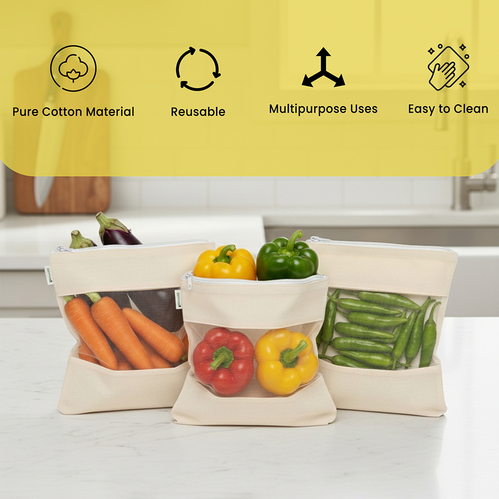 Wrapzy - Cotton Net Bag with Zip - Reusable Fridge Storage Zipper Bags For Fruits And Vegetables - Multipurpose Kitchen Storage Bags Organizer with Sturdy Zipper (Pack of 8)