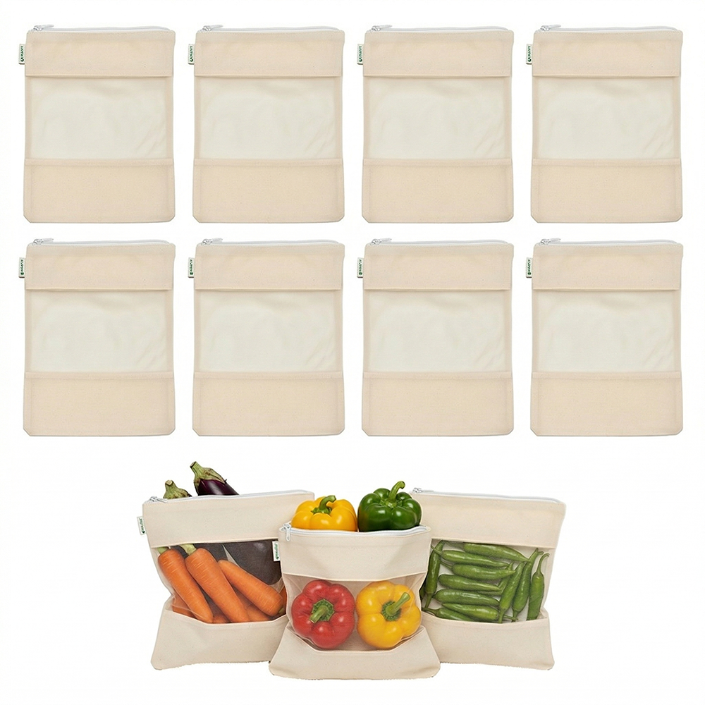 Wrapzy - Cotton Net Bag with Zip - Reusable Fridge Storage Zipper Bags For Fruits And Vegetables - Multipurpose Kitchen Storage Bags Organizer with Sturdy Zipper (Pack of 8)