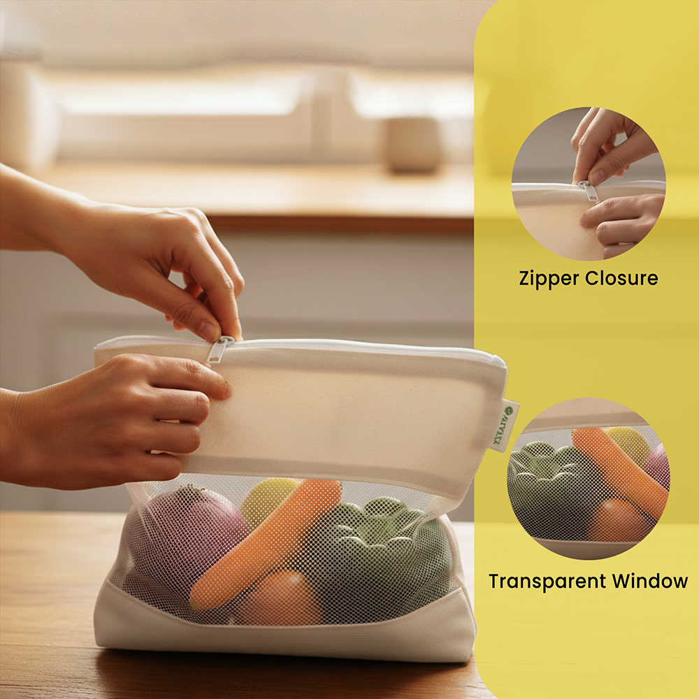 Wrapzy - Cotton Net Bag with Zip - Reusable Fridge Storage Zipper Bags For Fruits And Vegetables - Multipurpose Kitchen Storage Bags Organizer with Sturdy Zipper (Pack of 8)