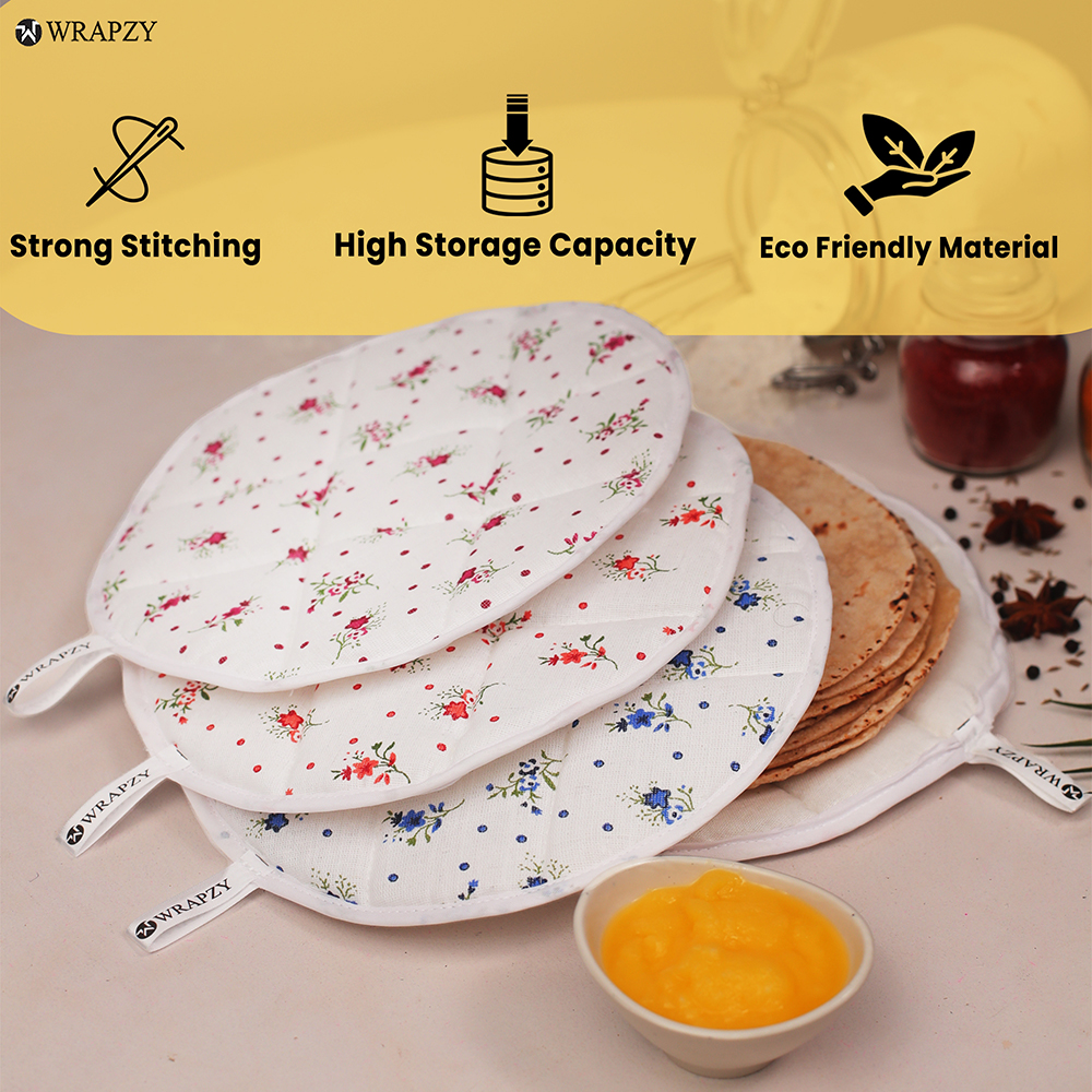 WRAPZY Cotton Roti Cover with Zip | Round Roti Cloth for Keeping Rotis Soft & Fresh | Used for Roti, Paratha, Puri, Naan & Bread | Washable & Reusable | 3 Colour Variants | Pack of 6