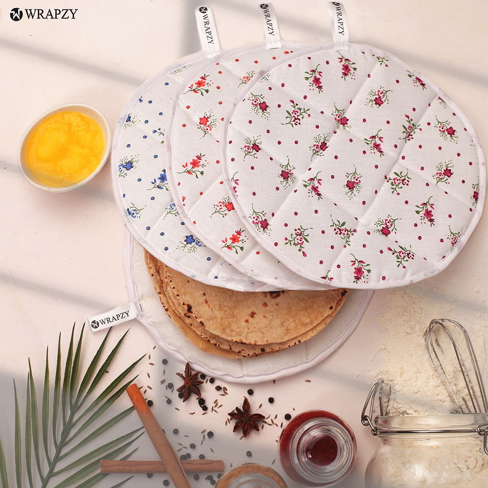 WRAPZY Cotton Roti Cover with Zip | Round Roti Cloth for Keeping Rotis Soft & Fresh | Used for Roti, Paratha, Puri, Naan & Bread | Washable & Reusable | 3 Colour Variants | Pack of 6