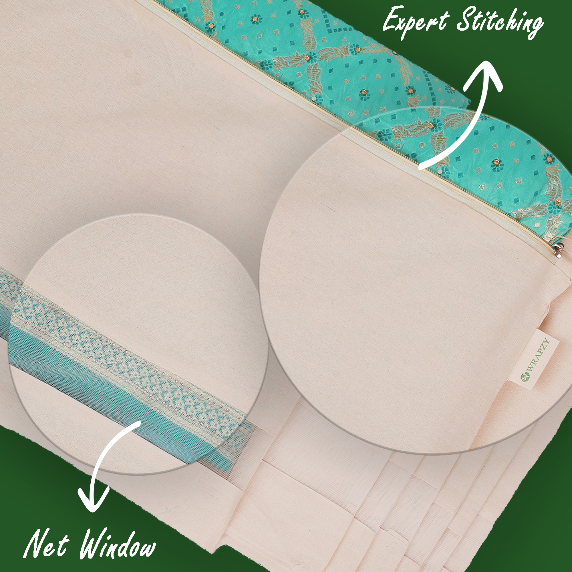 Wrapzy Pure Cotton Printed Saree Cover for Storage | Pack of 4 | Large 16 x 14 Inch Saree Bags with Zip & Transparent Mesh Window | Reusable Wardrobe Organizer for Sarees & Clothes