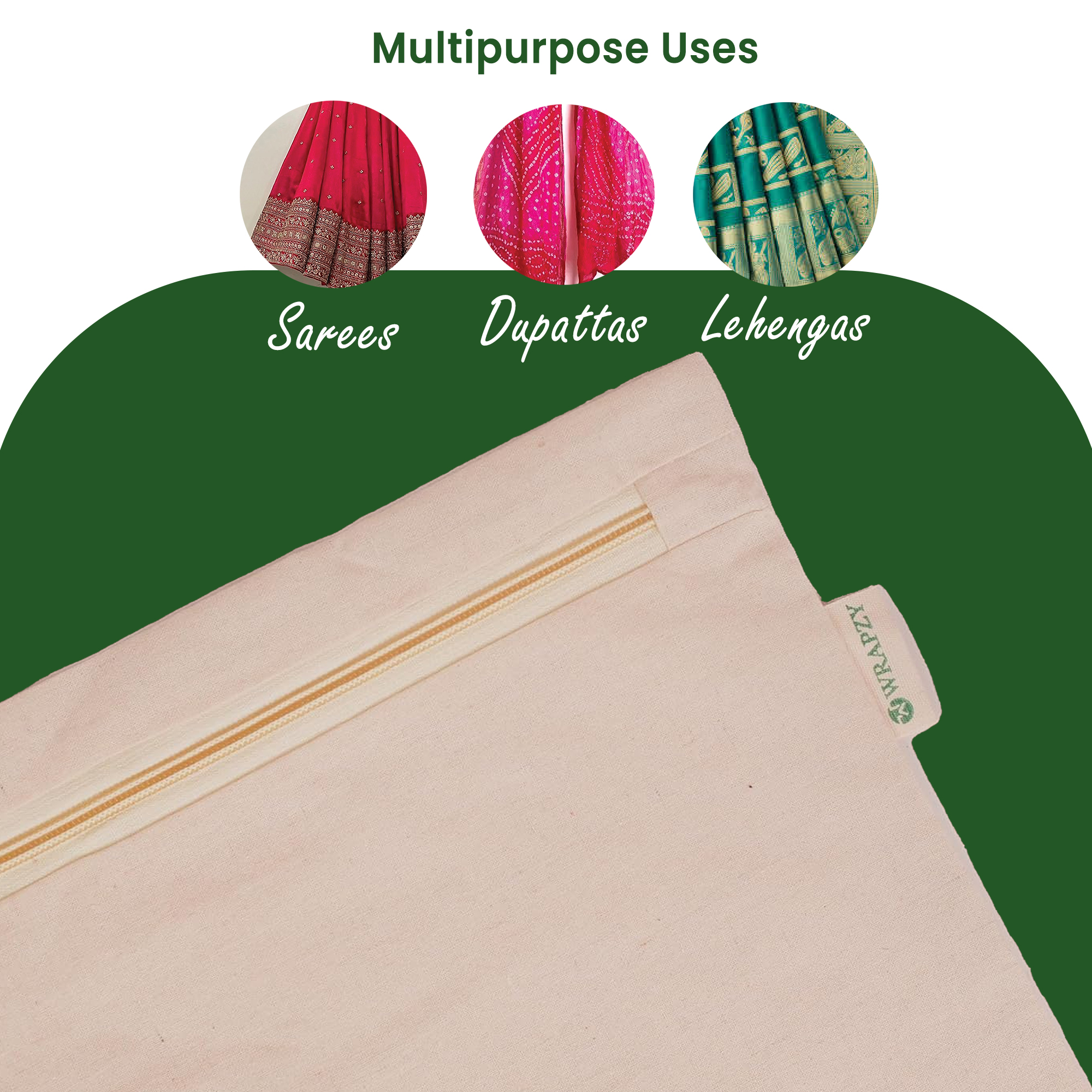 Wrapzy Pure Cotton Printed Saree Cover for Storage | Pack of 4 | Large 16 x 14 Inch Saree Bags with Zip & Transparent Mesh Window | Reusable Wardrobe Organizer for Sarees & Clothes