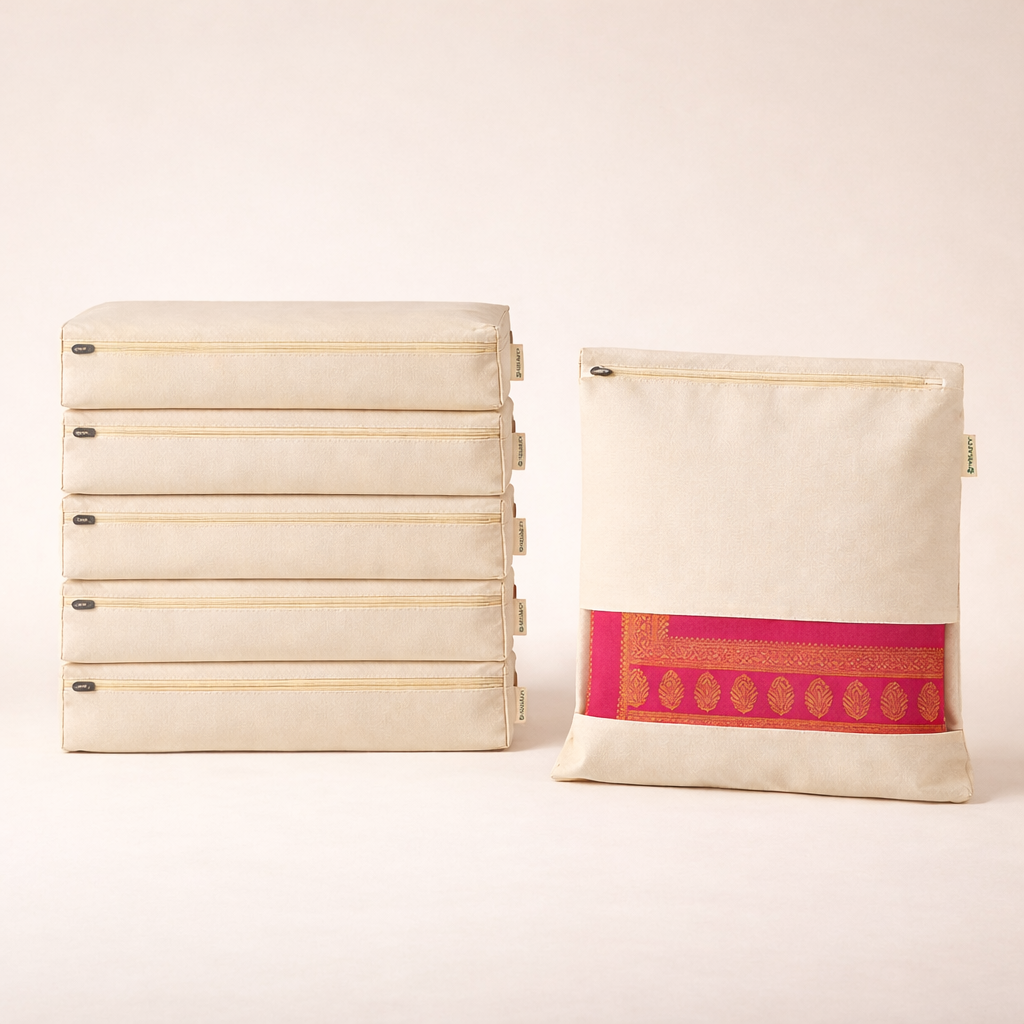 Wrapzy Pure Cotton Printed Saree Cover for Storage | Pack of 4 | Large 16 x 14 Inch Saree Bags with Zip & Transparent Mesh Window | Reusable Wardrobe Organizer for Sarees & Clothes