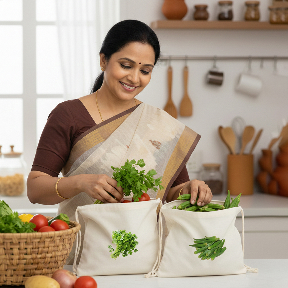 Wrapzy 100% Cotton Reusable Vegetable Bags for Fridge | Eco-Friendly Drawstring Storage Bags | Washable Breathable Mesh Bag | Multi-Purpose Cotton Mesh | Pack of 6