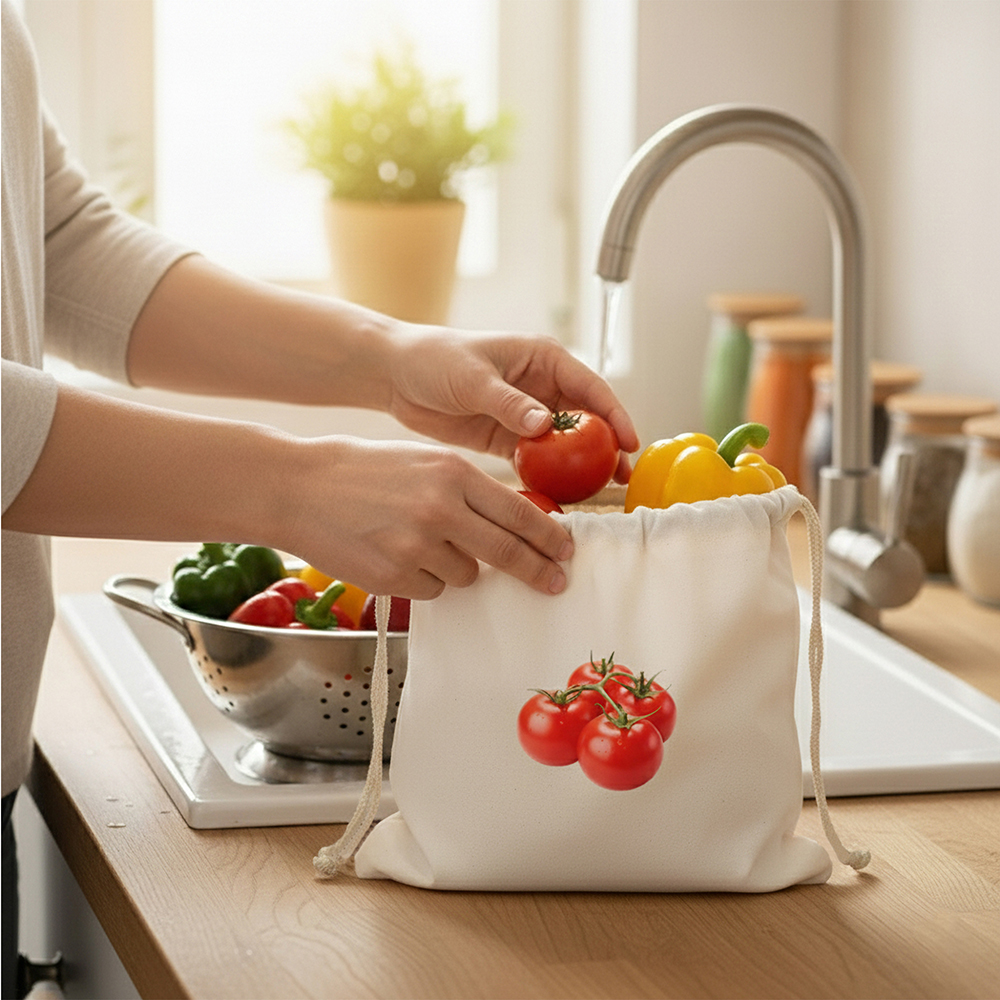 Wrapzy 100% Cotton Reusable Vegetable Bags for Fridge | Eco-Friendly Drawstring Storage Bags | Washable Breathable Mesh Bag | Multi-Purpose Cotton Mesh | Pack of 6