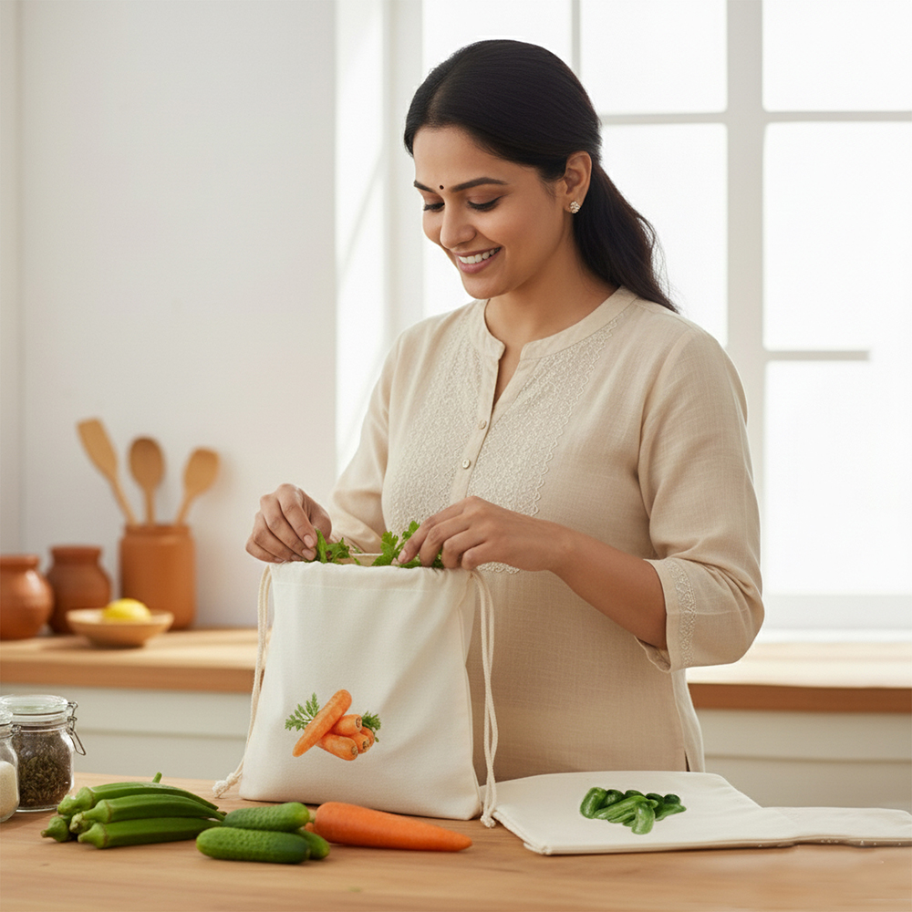 Wrapzy 100% Cotton Reusable Vegetable Bags for Fridge | Eco-Friendly Drawstring Storage Bags | Washable Breathable Mesh Bag | Multi-Purpose Cotton Mesh | Pack of 6