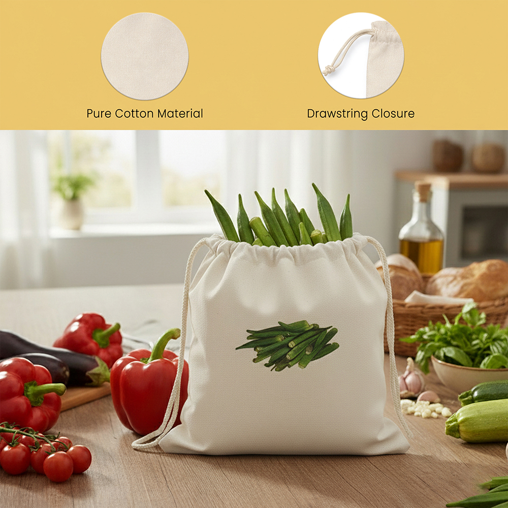 Wrapzy 100% Cotton Reusable Vegetable Bags for Fridge | Eco-Friendly Drawstring Storage Bags | Washable Breathable Mesh Bag | Multi-Purpose Cotton Mesh | Pack of 6