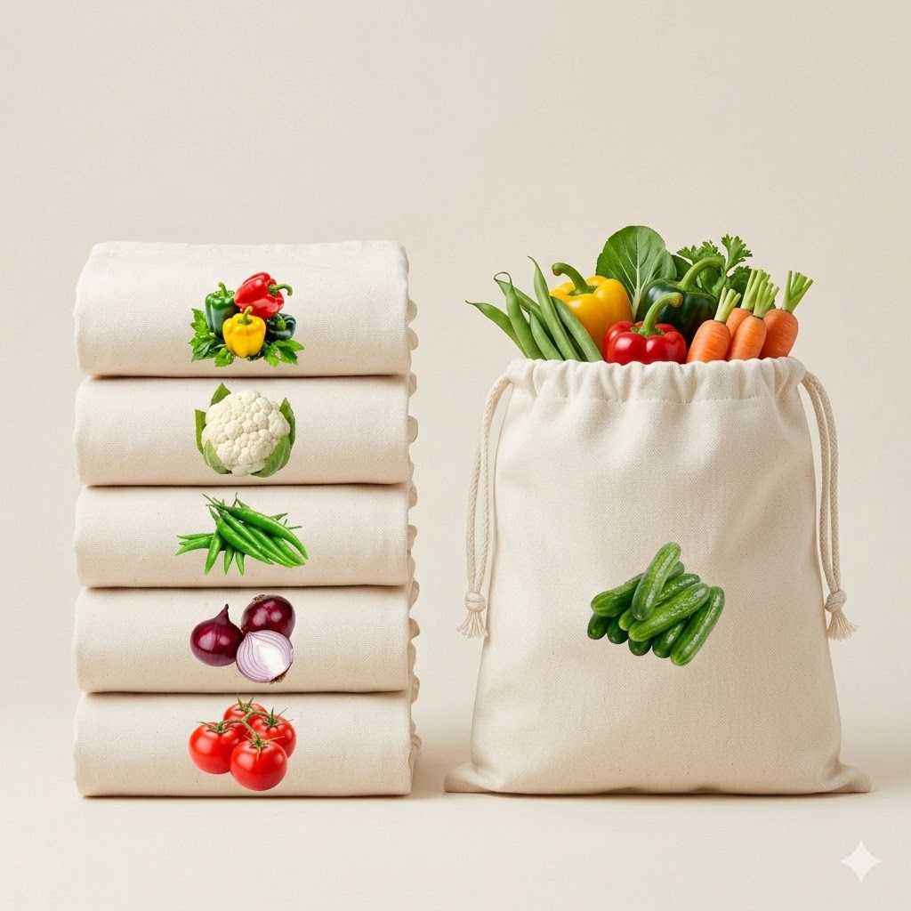 Wrapzy 100% Cotton Reusable Vegetable Bags for Fridge | Eco-Friendly Drawstring Storage Bags | Washable Breathable Mesh Bag | Multi-Purpose Cotton Mesh | Pack of 6