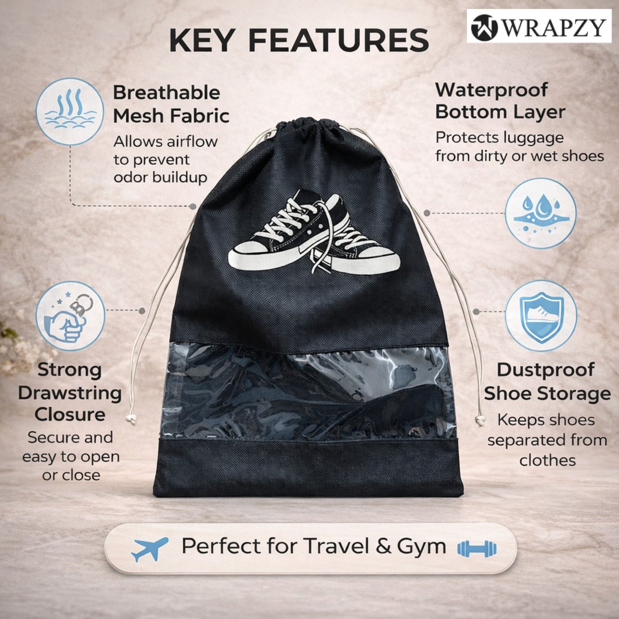 WRAPZY Shoe Cover Bag with Transparent Window | Dustproof Travel Shoe Organizer | Drawstring Storage Bag for Sneakers, Heels & Footwear (Pack of 6, Black)