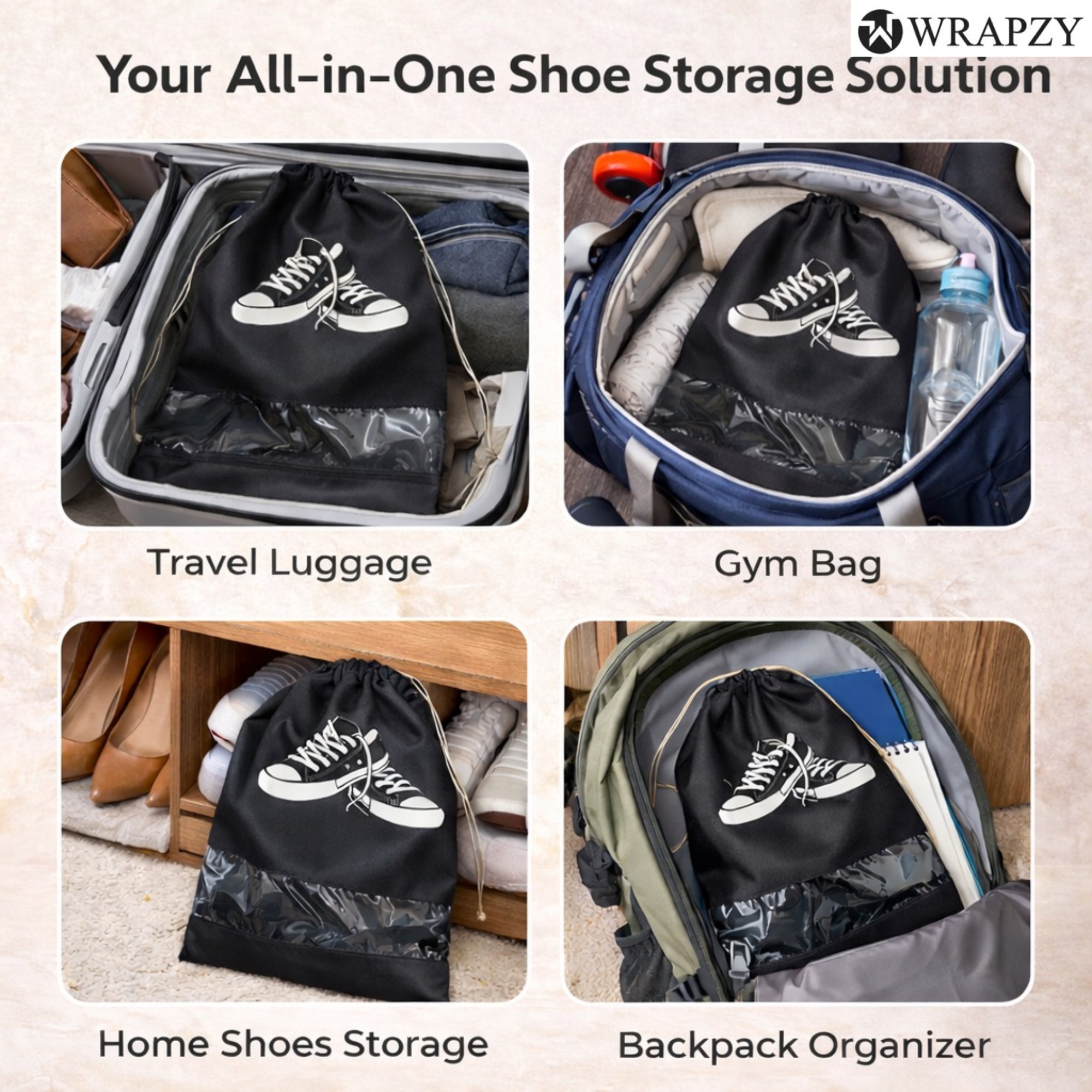 WRAPZY Shoe Cover Bag with Transparent Window | Dustproof Travel Shoe Organizer | Drawstring Storage Bag for Sneakers, Heels & Footwear (Pack of 6, Black)
