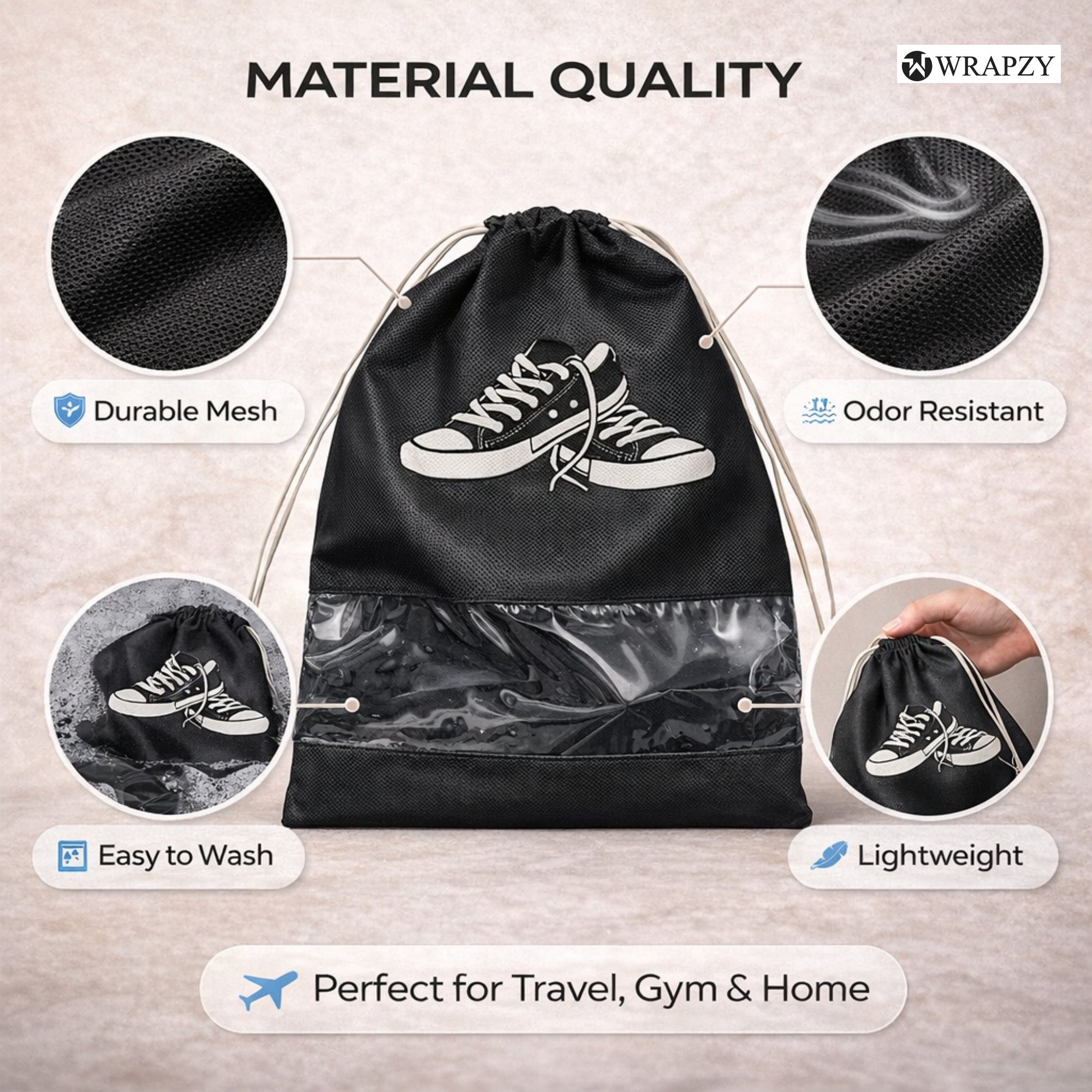 WRAPZY Shoe Cover Bag with Transparent Window | Dustproof Travel Shoe Organizer | Drawstring Storage Bag for Sneakers, Heels & Footwear (Pack of 6, Black)