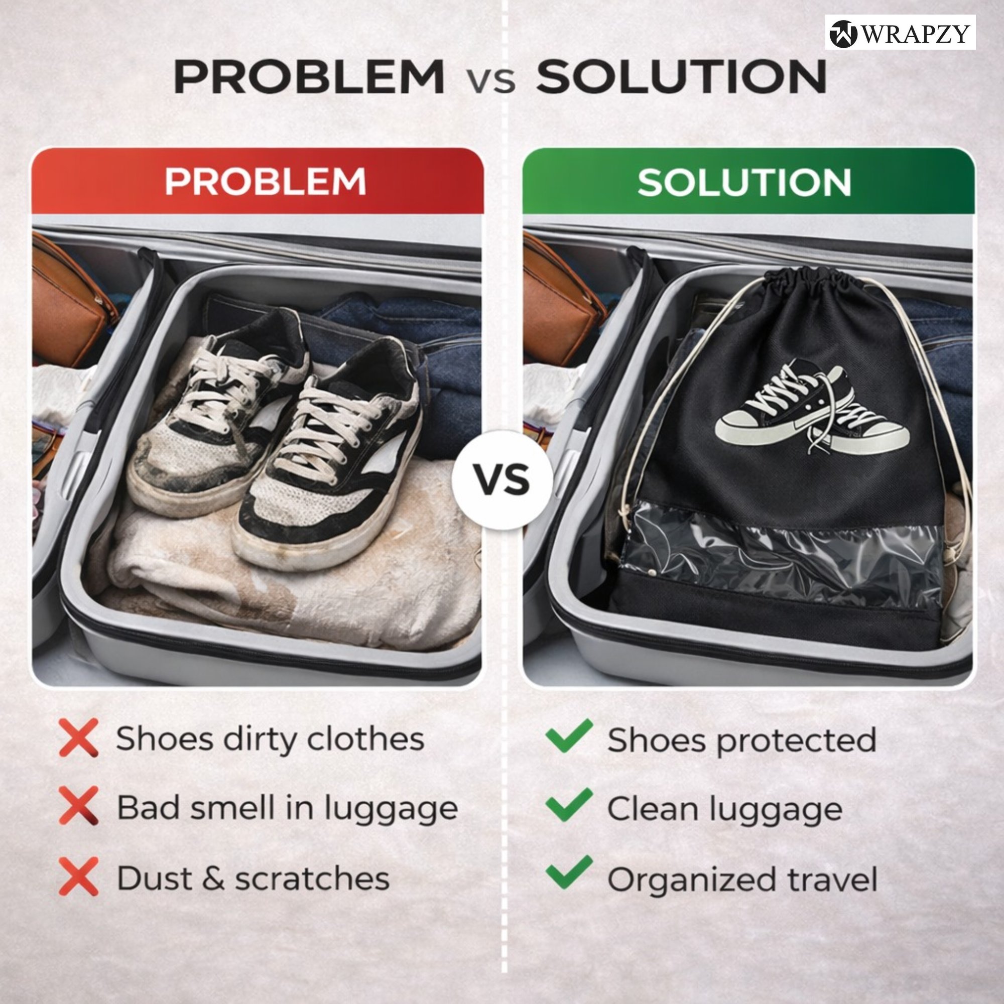 WRAPZY Shoe Cover Bag with Transparent Window | Dustproof Travel Shoe Organizer | Drawstring Storage Bag for Sneakers, Heels & Footwear (Pack of 6, Black)