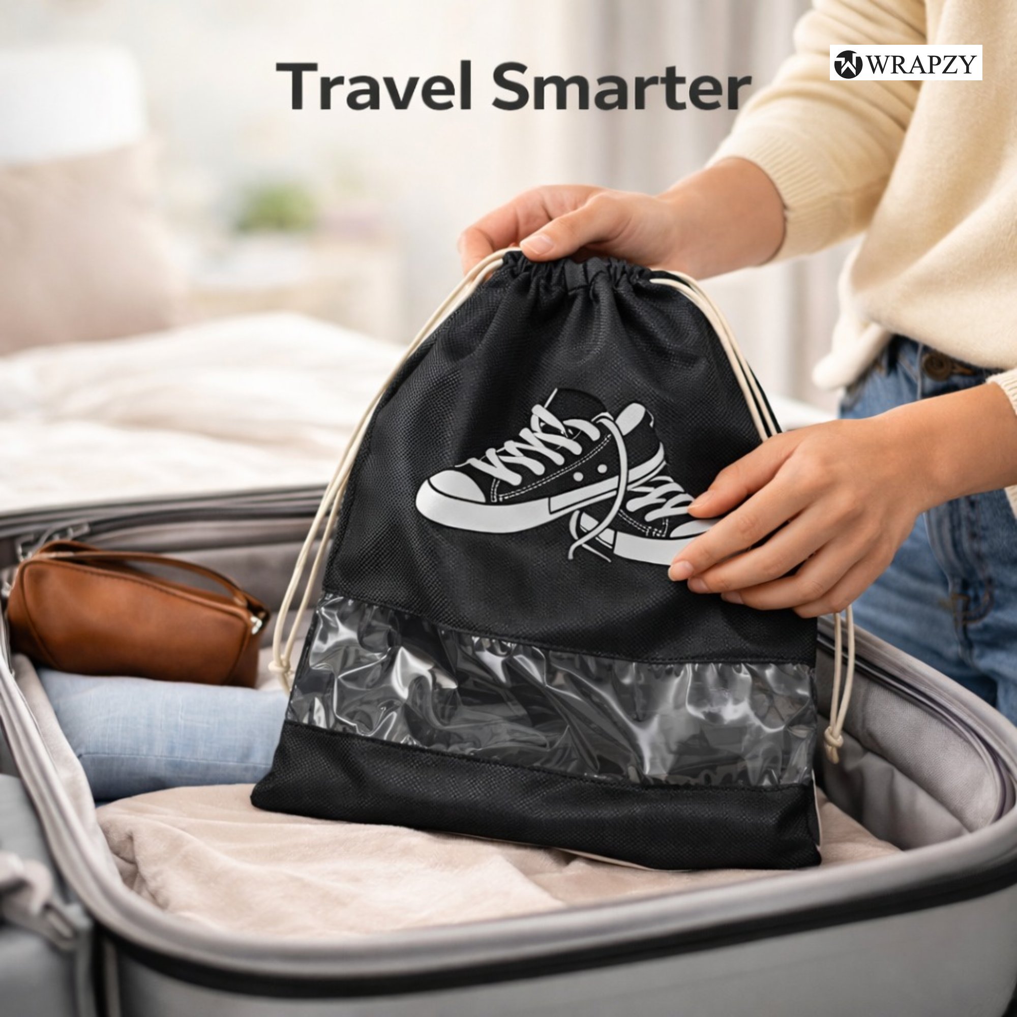 WRAPZY Shoe Cover Bag with Transparent Window | Dustproof Travel Shoe Organizer | Drawstring Storage Bag for Sneakers, Heels & Footwear (Pack of 6, Black)