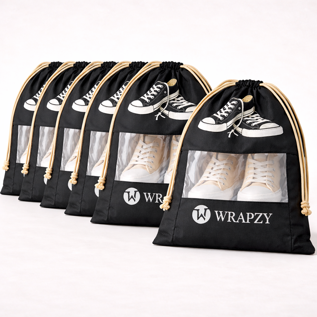 WRAPZY Shoe Cover Bag with Transparent Window | Dustproof Travel Shoe Organizer | Drawstring Storage Bag for Sneakers, Heels & Footwear (Pack of 6, Black)