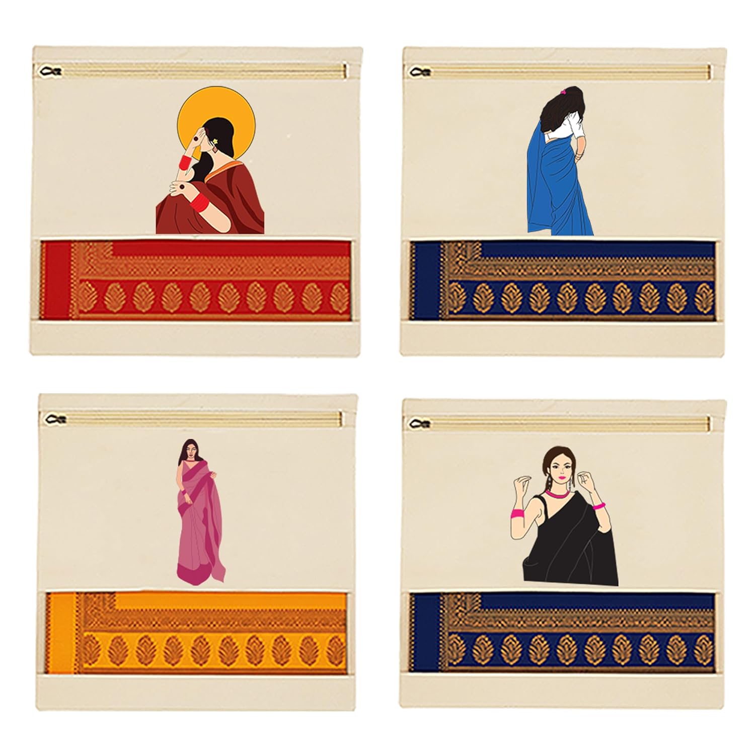 Pure Cotton Printed Saree Cover for Storage | Pack of 4 | Large 16 x 14 Inch Saree Bags with Zip & Transparent Mesh Window | Reusable Wardrobe Organizer for Sarees & Clothes (PRINT1, One Size)