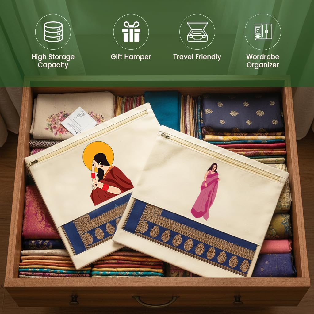 Pure Cotton Printed Saree Cover for Storage | Pack of 4 | Large 16 x 14 Inch Saree Bags with Zip & Transparent Mesh Window | Reusable Wardrobe Organizer for Sarees & Clothes (PRINT1, One Size)
